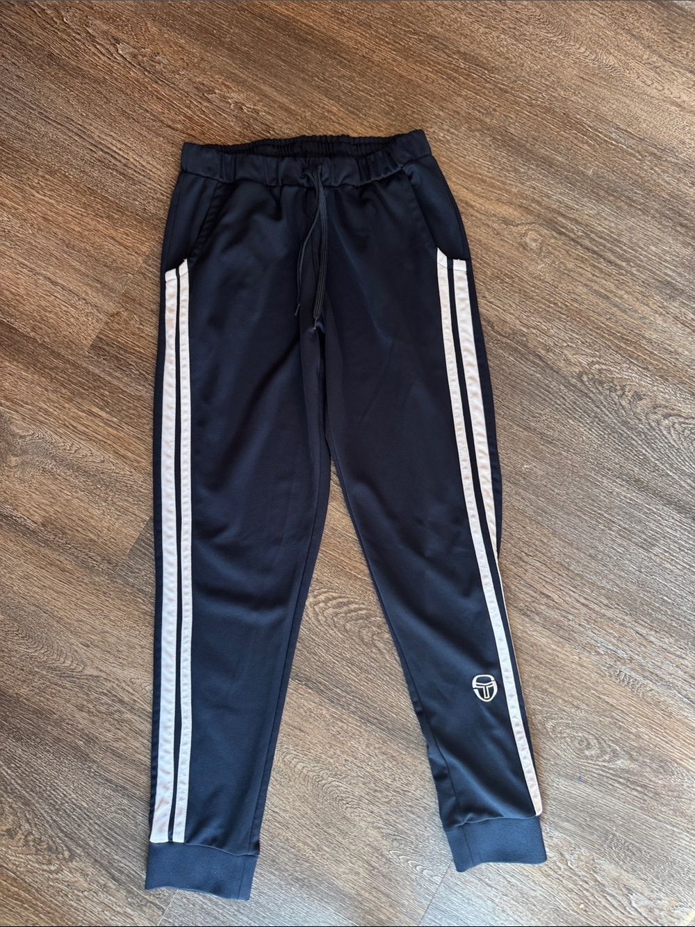 Sergio Tacchini Navy Track Pants Joggers with White Side Stripes Size Large